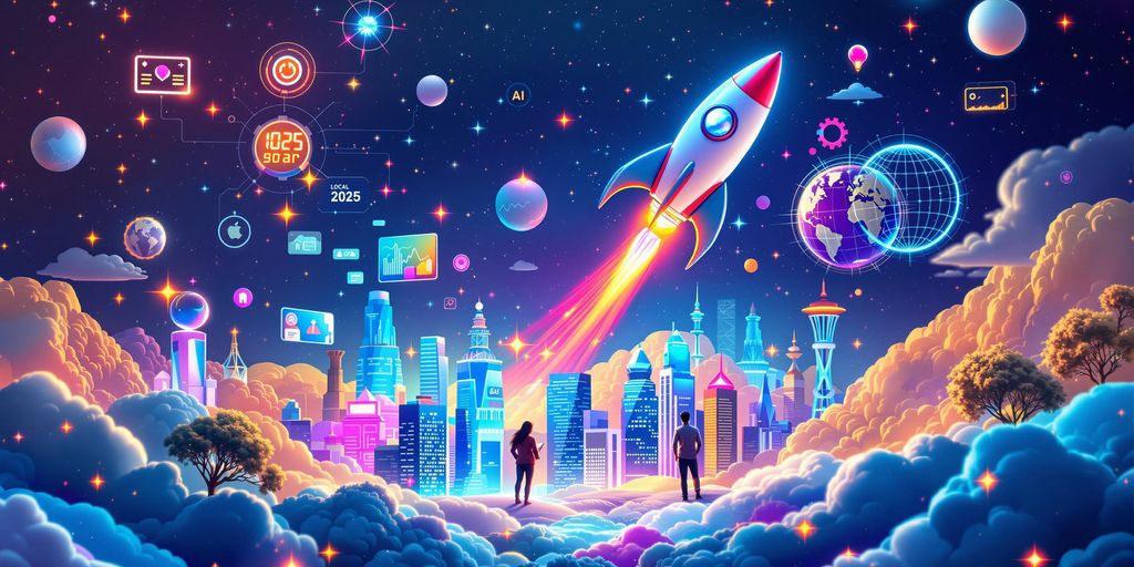 Futuristic rocket over a vibrant digital city skyline.