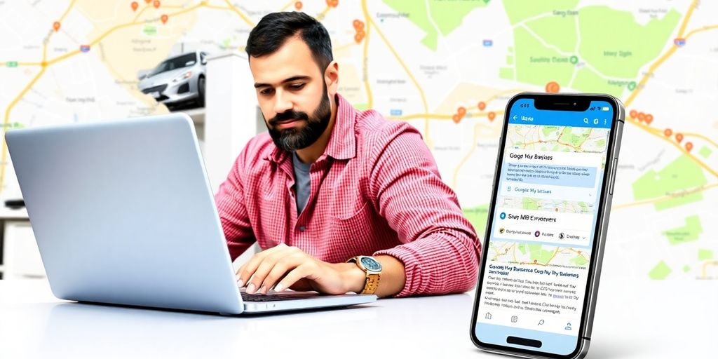 Business owner using GMB Everywhere on laptop and smartphone.