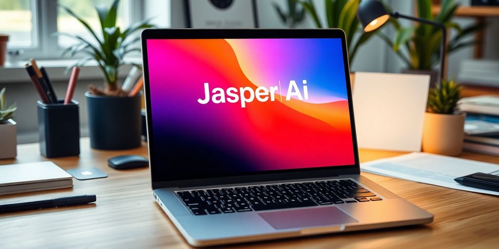 Laptop displaying Jasper AI in a stylish workspace.