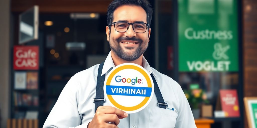 Business owner with Google Verified badge at a bustling storefront.