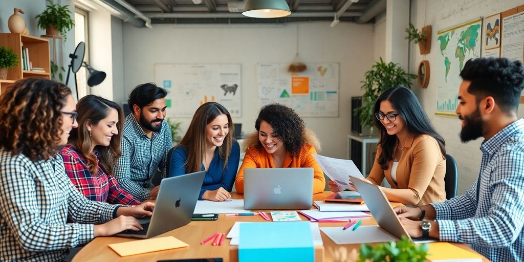Diverse professionals collaborating in a small business workspace.