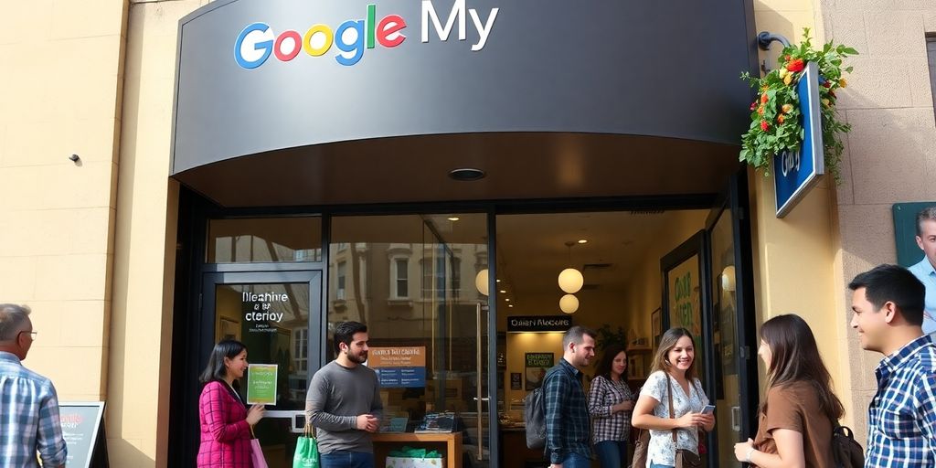Local business storefront with Google My Business signage and customers.