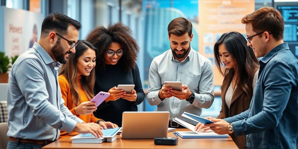 Diverse marketers collaborating in a modern office setting.