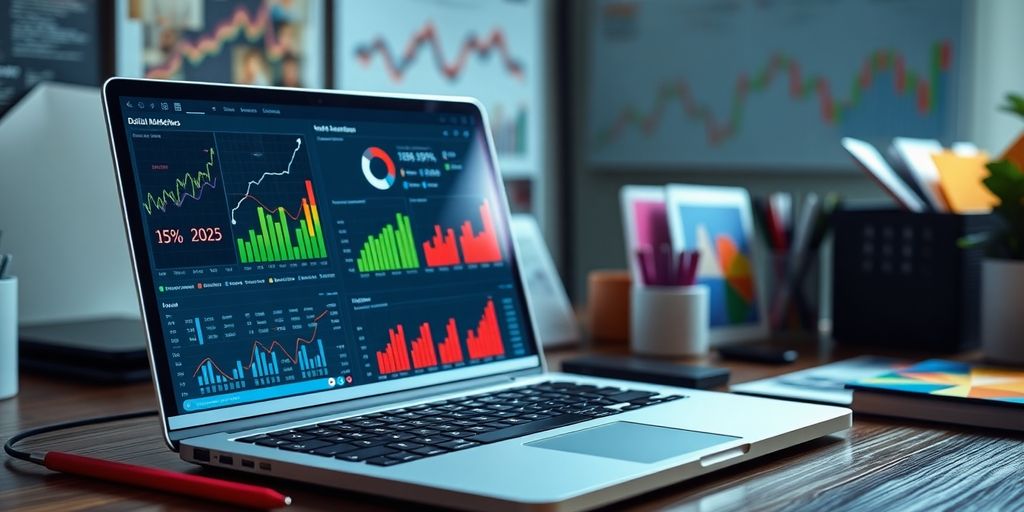 Digital marketing workspace with laptop and vibrant marketing materials.